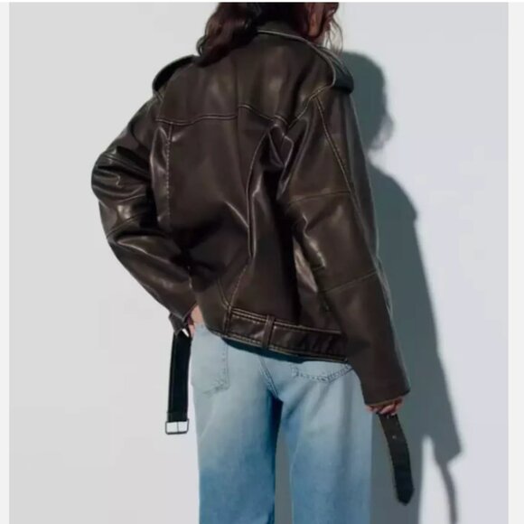 Zara Women XL Faux Leather Distressed Biker Jacket Charcoal Vegan Motorcycle - Picture 5 of 15